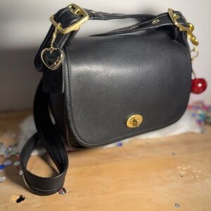 Coach # 9965 Small Flap Black Leather Crossbody Bag with Gold Accents